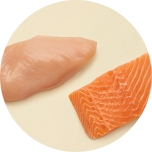 Rohes Huhn und roher Lachs auf Beigen Hintergrund