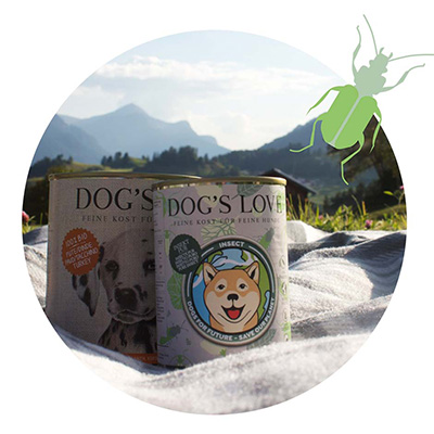 Zwei Dosen DOG'S LOVE Hundefutter auf einer Decke die auf einer Wiese in den Bergen liegt.