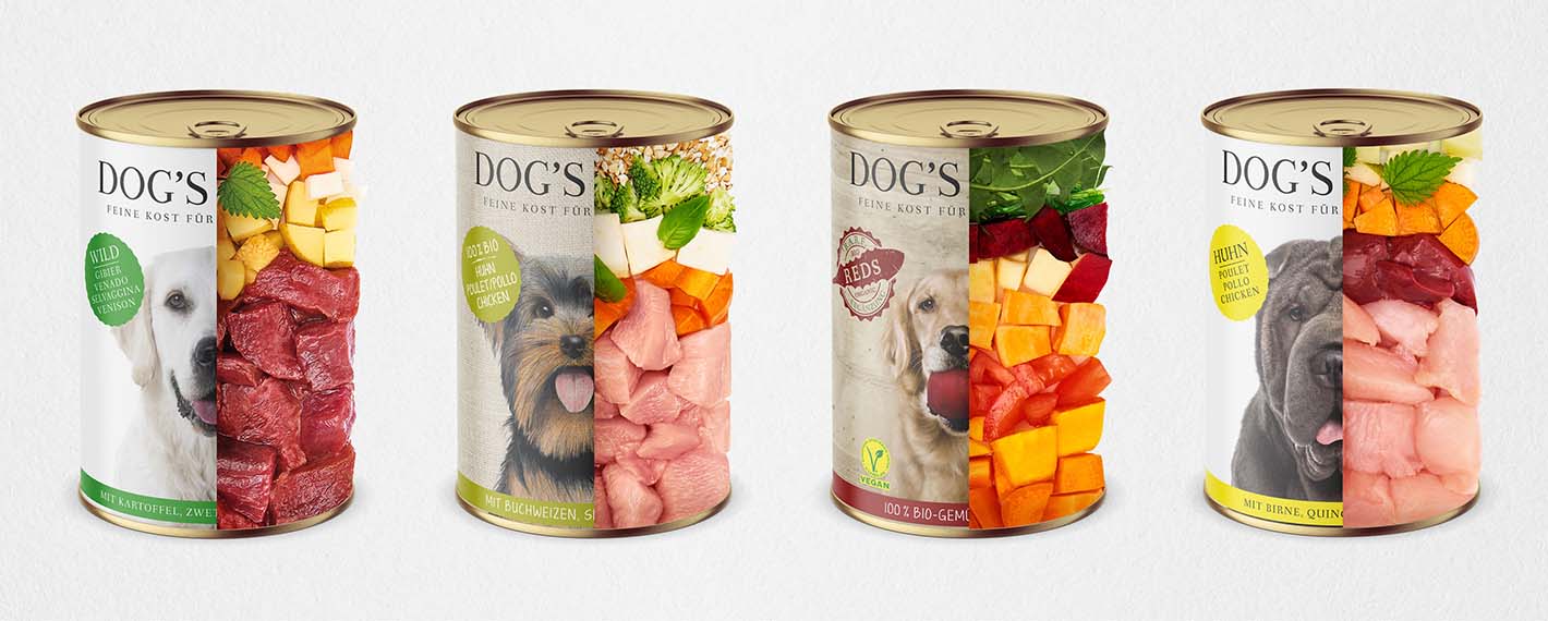 DOG'S LOVE Nassfutterdosen bei denen zur Hälfte der Dose sichtbar ist, wie viel Fleisch und andere Inhalte enthalten sind.