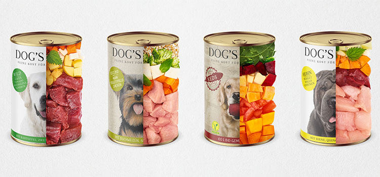DOG'S LOVE Nassfutterdosen bei denen zur Hälfte der Dose sichtbar ist, wie viel Fleisch und andere Inhalte enthalten sind.