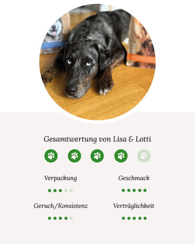 Ein Bild von Lotti in der Mitte von zwei DOG'S LOVE Trockenfuttersäcken Fisch und Pute