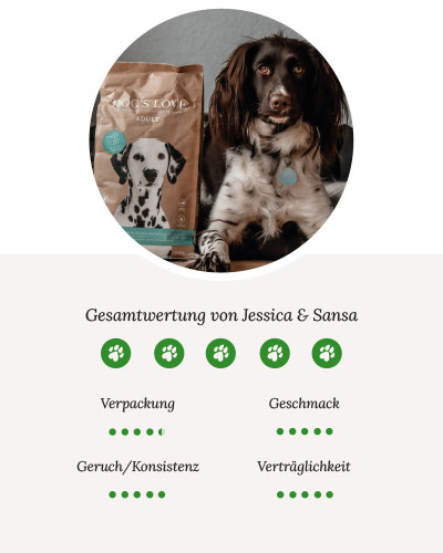 Ein Bild von dem Hund Sansa inkl. der Bewertung der Produkts