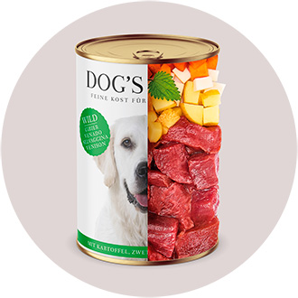 DOG'S LOVE wet food can game with ingredients in the can