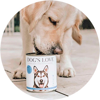 Dog licking DOG'S LOVE can of fish