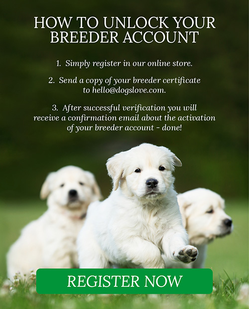 Puppies on a meadow and the possibility to register for the breeder account