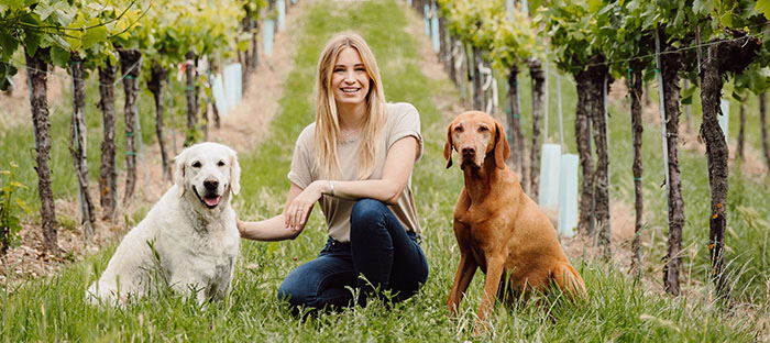 Katharina Miklauz among the vines with the family dogs Nala and Pluto