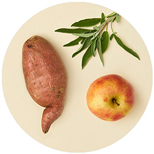  A sweet potato, an apple and sage on a beige background