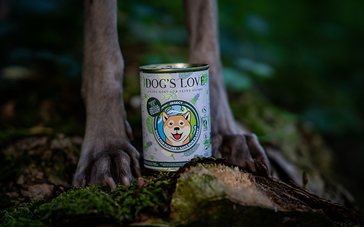Dog's paws standing on a moss-covered ground in the forest and between them is a can of DOG'S LOVE Insect Pur