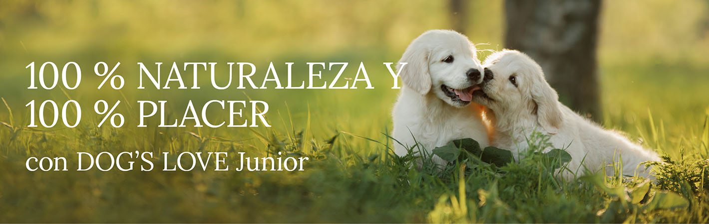 Cachorros en un prado con el texto: 100% Naturaleza & 100% Indulgencia con DOG'S LOVE Junior